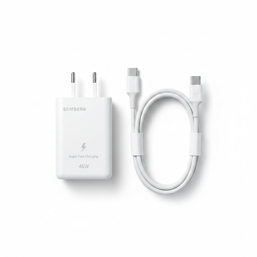 Samsung 45W charger with cable flat lay